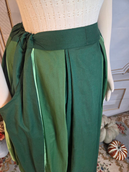 Patchwork Midi Box Pleated Skirt - Tea Length Drawstring Skirt with Pockets Shades of Green