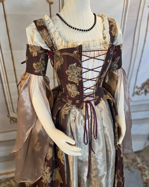 Venetian Courtesan Gown - Burgundy Gold and Cream Floral Brocade Chenille