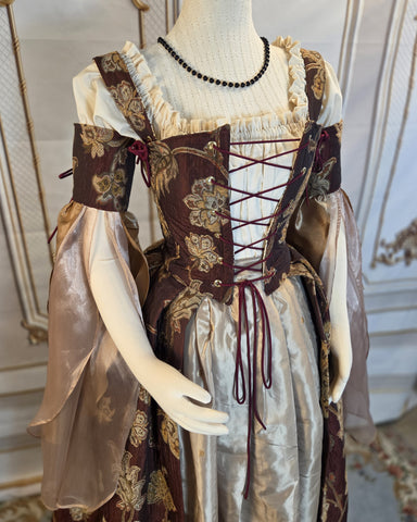 Venetian Courtesan Gown - Burgundy Gold and Cream Floral Brocade Chenille