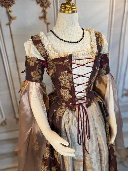 Venetian Courtesan Gown - Burgundy Gold and Cream Floral Brocade Chenille