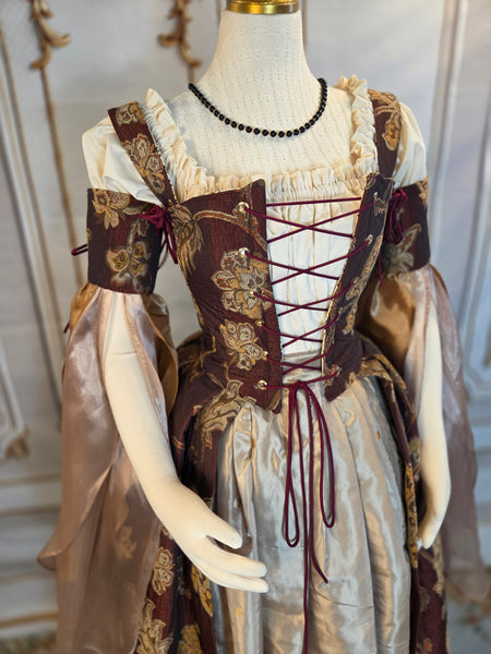 Venetian Courtesan Gown - Burgundy Gold and Cream Floral Brocade Chenille