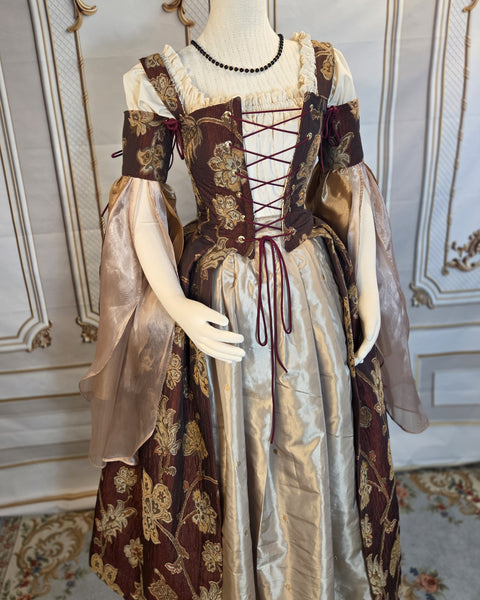 Venetian Courtesan Gown - Burgundy Gold and Cream Floral Brocade Chenille
