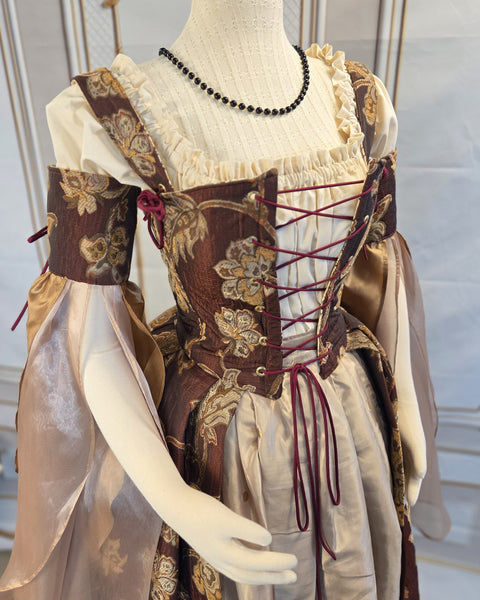 Venetian Courtesan Gown - Burgundy Gold and Cream Floral Brocade Chenille