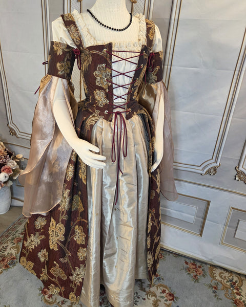 Venetian Courtesan Gown - Burgundy Gold and Cream Floral Brocade Chenille