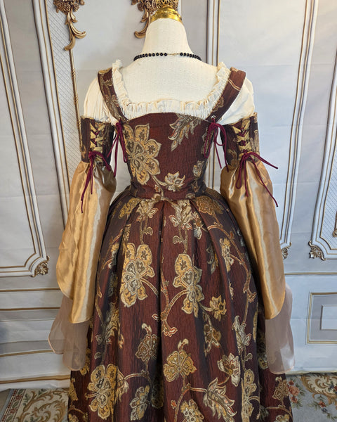Venetian Courtesan Gown - Burgundy Gold and Cream Floral Brocade Chenille