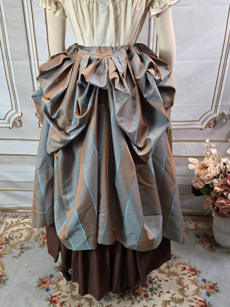 Self Bustling Over Skirt - Gold and Blue Striped Silk Iridescent Taffeta