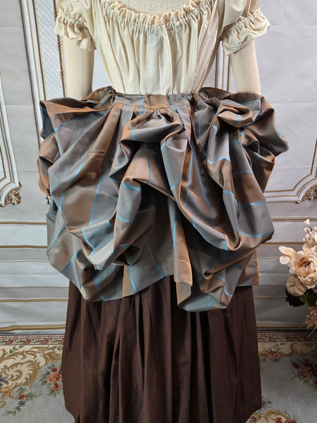 Self Bustling Over Skirt - Gold and Blue Striped Silk Iridescent Taffeta