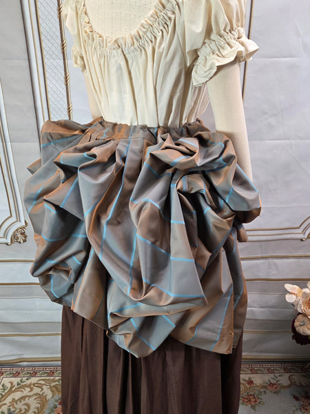 Self Bustling Over Skirt - Gold and Blue Striped Silk Iridescent Taffeta