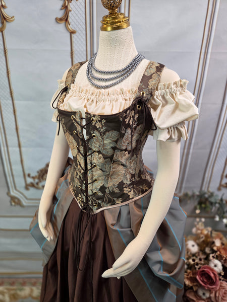 Katie Bodice - Brown, Cream, and Blue Floral Brocade