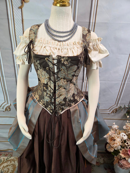 Katie Bodice - Brown, Cream, and Blue Floral Brocade