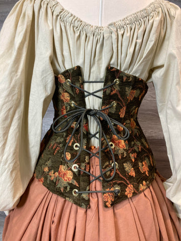 Under Bust Corset - Olive Green Peaches Chenille