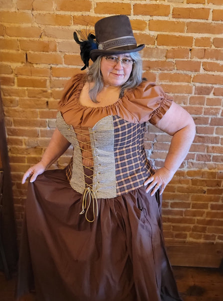 Over Bust Corset - Oatmeal and Brown Plaid