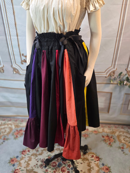 Midi Box Pleated Skirt - Tea Length Drawstring Skirt with Pockets, High Waist, Black and Rainbow