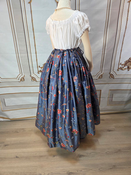 Self Bustling Over Skirt -  Dusty Blue Iridescent Silk Dupioni with Embroidered Flowers