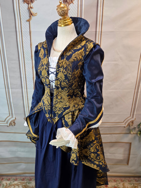 Elizabethan Riding Jacket- Blue and Gold Chenille Brocade - EaGenie's Scots 'n Knots