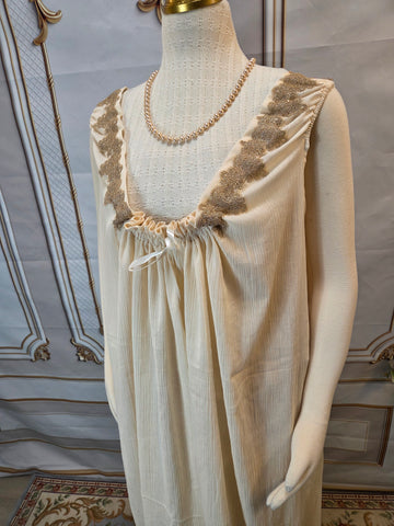 Cotton Gauze Chemise - Full Length- Deep Plunge Lace Trimmed- Sleeveless