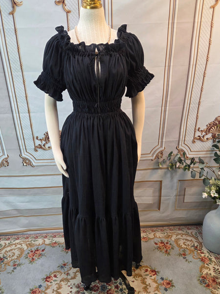 Cotton Gauze Chemise Dress with Ruffle - Full Length- Short Puffed Sleeve - Black