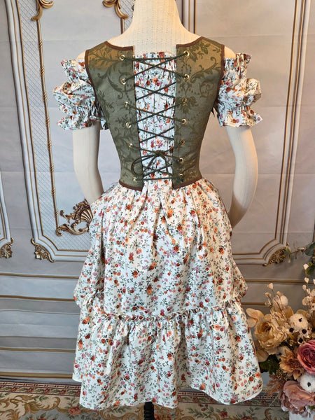 Cottage Bodice - Olive Green Jacquard with Brown Trim