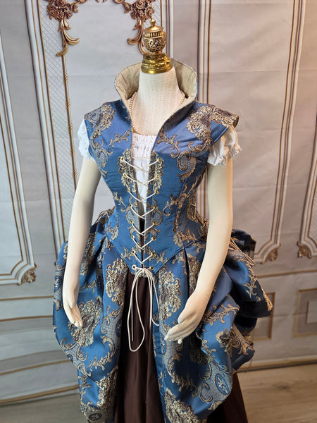 Elizabethan Riding Jacket and Matching Bustling Skirt- Blue and Cream Damask Brocade