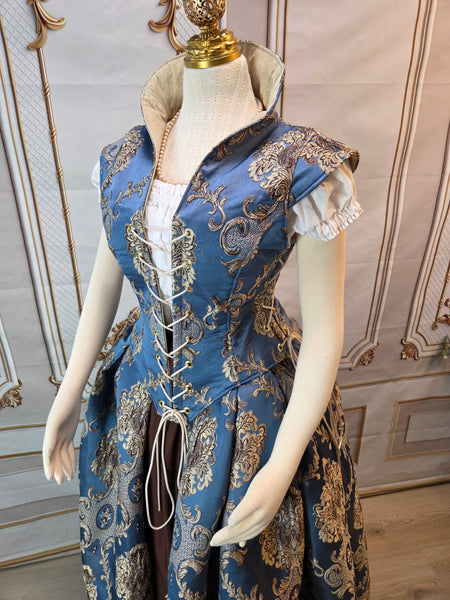 Elizabethan Riding Jacket and Matching Bustling Skirt- Blue and Cream Damask Brocade