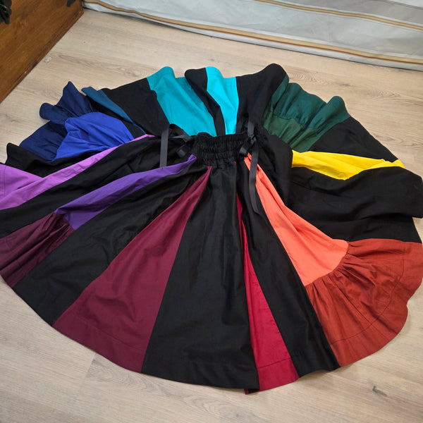 Midi Box Pleated Skirt - Tea Length Drawstring Skirt with Pockets, High Waist, Black and Rainbow
