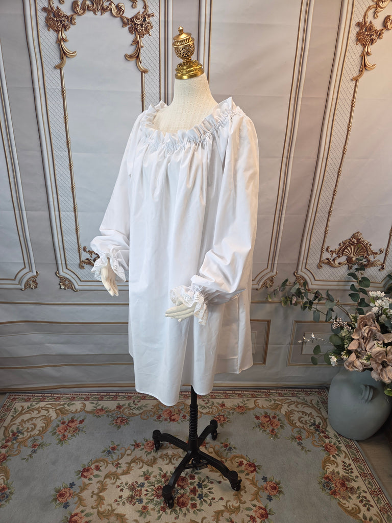 Shift Chemise - Knee Length- Long Sleeve with Lace Trim - White Cotton - EaGenie's Scots 'n Knots
