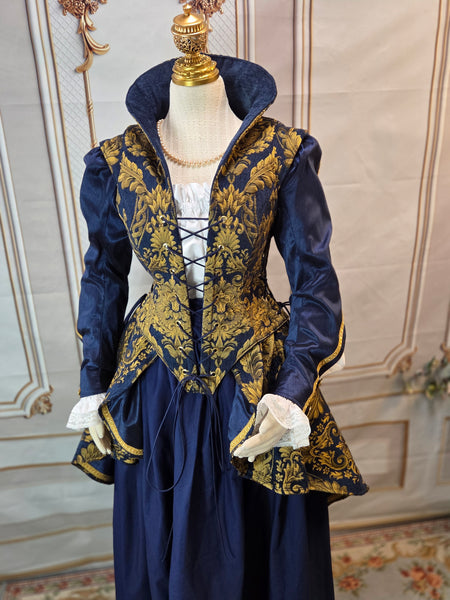 Elizabethan Riding Jacket- Blue and Gold Chenille Brocade - EaGenie's Scots 'n Knots