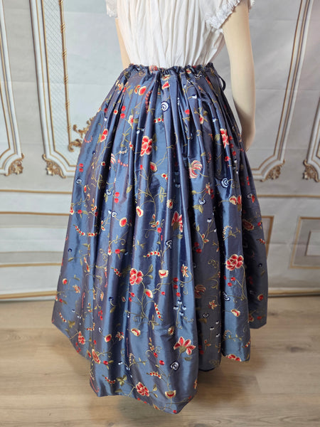 Self Bustling Over Skirt -  Dusty Blue Iridescent Silk Dupioni with Embroidered Flowers