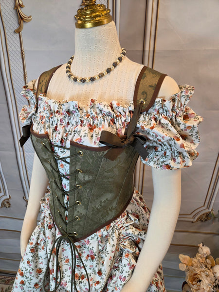 Cottage Bodice - Olive Green Jacquard with Brown Trim