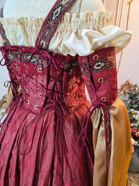 Venetian Courtesan Gown - Burgundy Silk Jacquard Black and Gold Trim