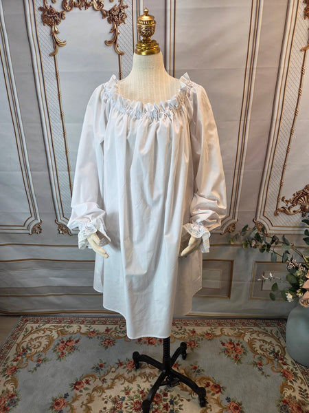 Shift Chemise - Knee Length- Long Sleeve with Lace Trim - White Cotton - EaGenie's Scots 'n Knots