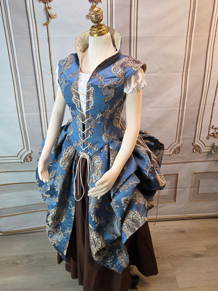 Elizabethan Riding Jacket and Matching Bustling Skirt- Blue and Cream Damask Brocade