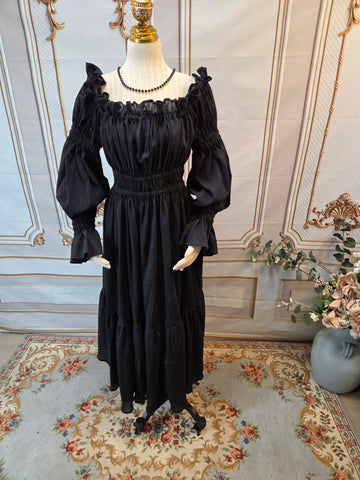 Cotton Gauze Chemise Dress with Ruffle - Full Length- Long Puffed Sleeve - Black