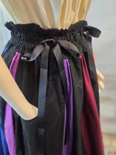 Midi Box Pleated Skirt - Tea Length Drawstring Skirt with Pockets, High Waist, Black and Rainbow