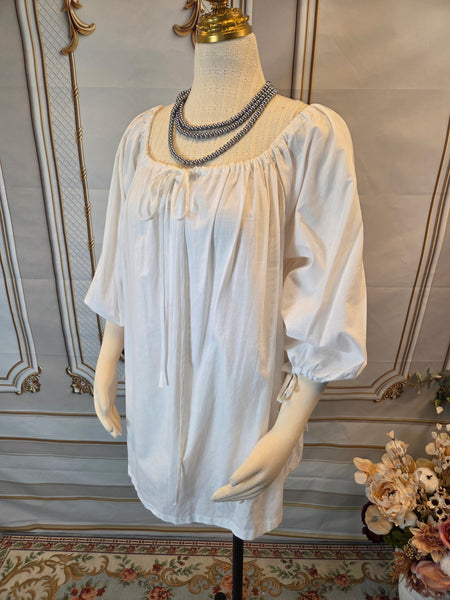 Shift Chemise Hip Length- 3/4 Sleeve- White Cotton