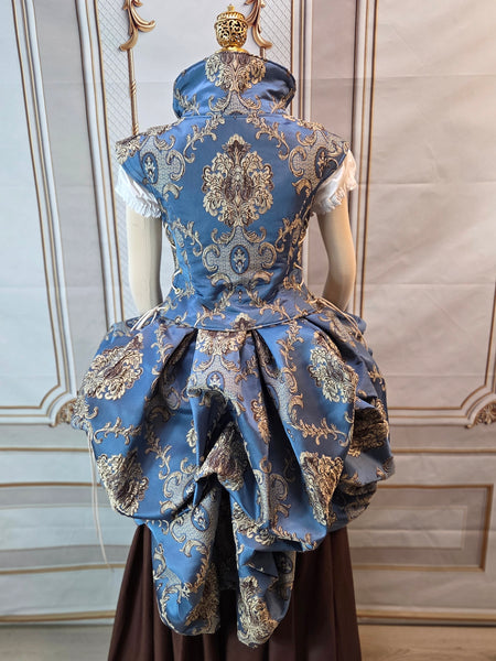 Elizabethan Riding Jacket and Matching Bustling Skirt- Blue and Cream Damask Brocade