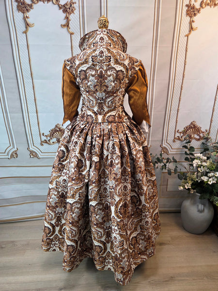 Elizabethan Gown Style Over Skirt - Brown and Cream Damask Jacquard