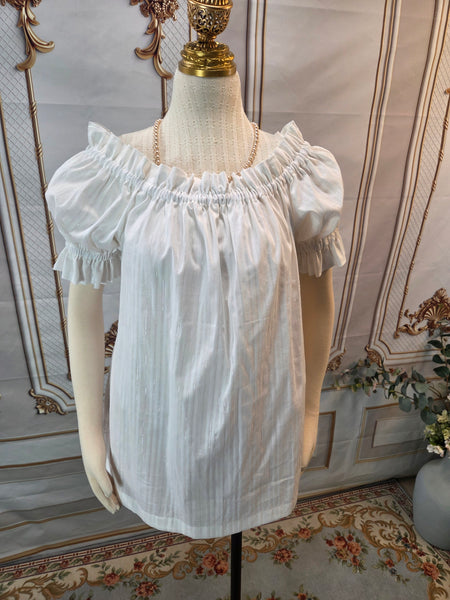 Chemise - Hip Length - Ruffled Short Sleeve - Slim Line - White with Stripes