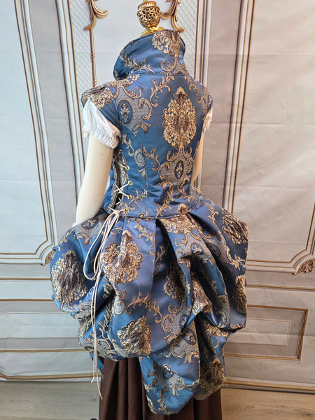 Elizabethan Riding Jacket and Matching Bustling Skirt- Blue and Cream Damask Brocade