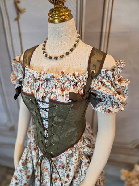 Cottage Bodice - Olive Green Jacquard with Brown Trim