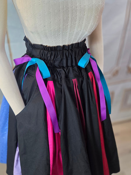 Rainbow Box Pleated Skirt - Knee Length Drawstring Twirling Skirt with Pockets, High Waist, Black and Rainbow
