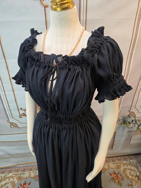 Cotton Gauze Chemise Dress with Ruffle - Full Length- Short Puffed Sleeve - Black