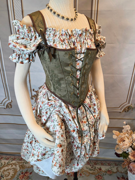 Cottage Bodice - Olive Green Jacquard with Brown Trim