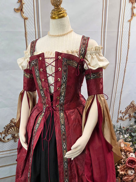 Venetian Courtesan Gown - Burgundy Silk Jacquard Black and Gold Trim