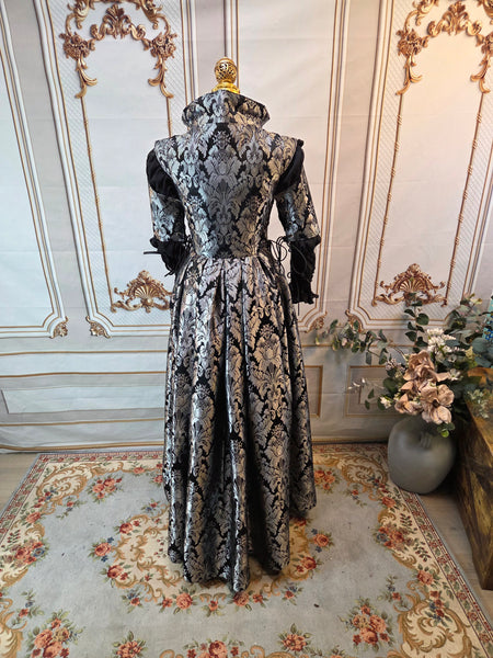 Reversible Elizabethan Riding Gown with Sleeves- Black and Silver Brocade Jacquard