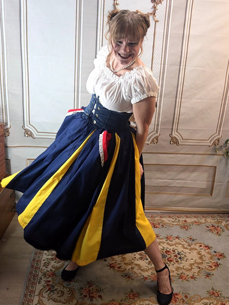 Midi Box Pleated Skirt - Tea Length Drawstring Skirt with Pockets Navy, Yellow, and Red - EaGenie's Scots 'n Knots