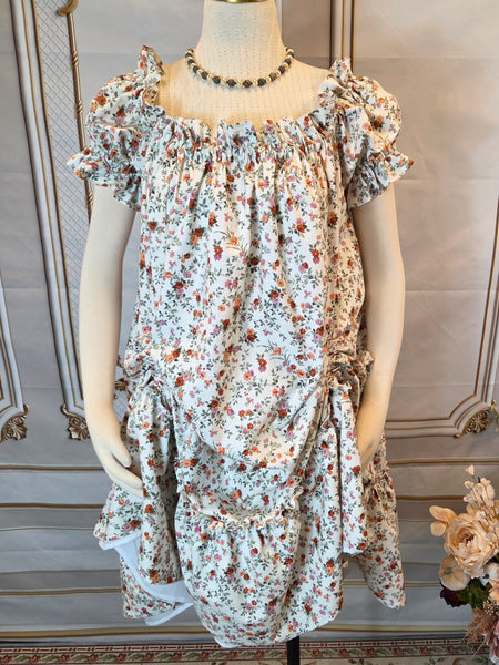 Adjustable Hem Ruffled Chemise - Midi / Tea Length- Ruffled Short Sleeve Fall Floral Print