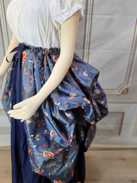 Self Bustling Over Skirt -  Dusty Blue Iridescent Silk Dupioni with Embroidered Flowers