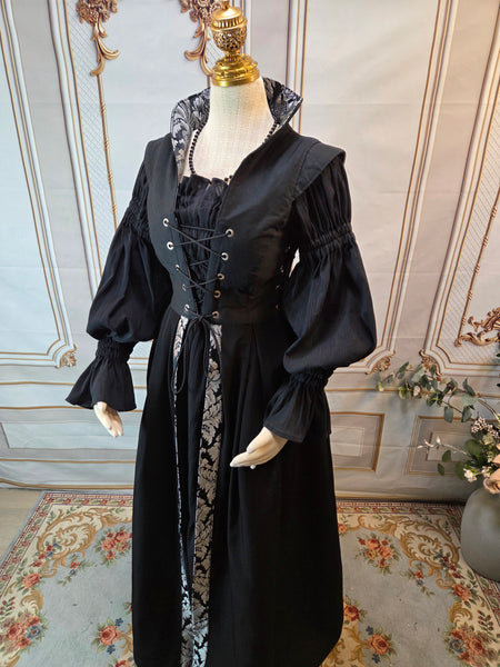 Reversible Elizabethan Riding Gown with Sleeves- Black and Silver Brocade Jacquard