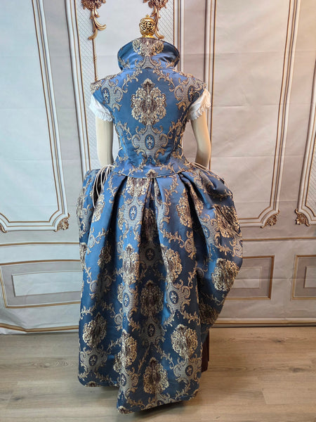 Elizabethan Riding Jacket and Matching Bustling Skirt- Blue and Cream Damask Brocade